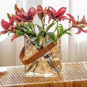 Medium Glass Purse Vase with Leather Handle